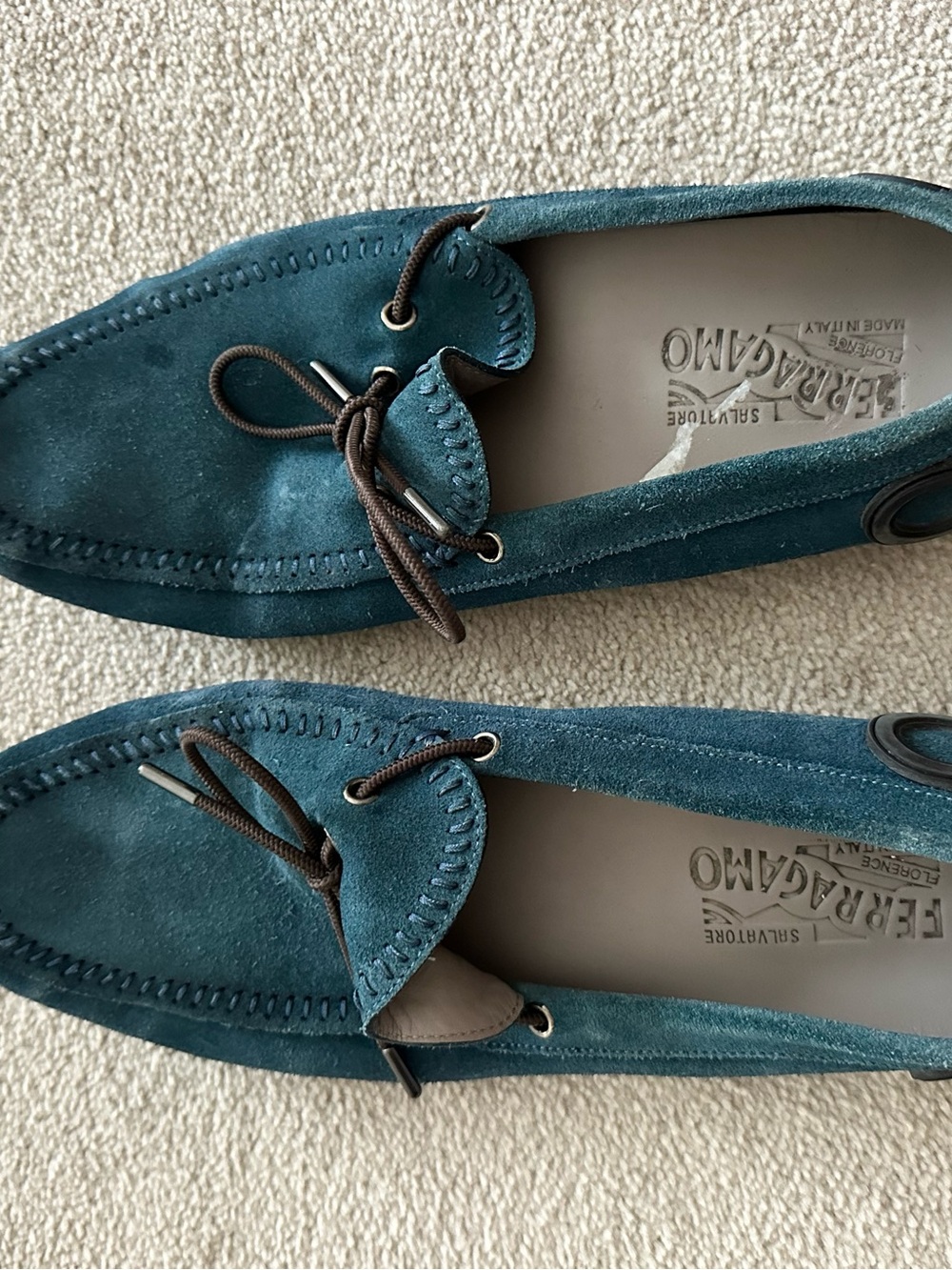 Salvatore Ferragamo Teal Suede Driving Moccasins with Brown Laces
